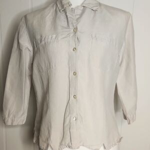 Linen Silk Beige Gingham Preppy Minimalist Coastal Euro Summer Button-down Top
